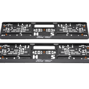 Fordovo držalo registrske tablice črne barve, z belim Fordovim logotipom in belim napisom »BEREIT FÜR MORGEN«